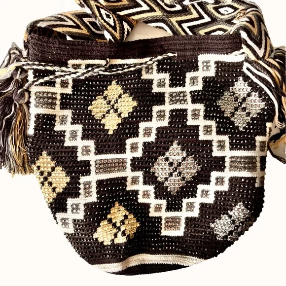 🥰3 for $30🥰Black Gold Crochet Geometric Patterned Boho Shoulder/Bucket/Hobo Bag - Picture 4 of 12